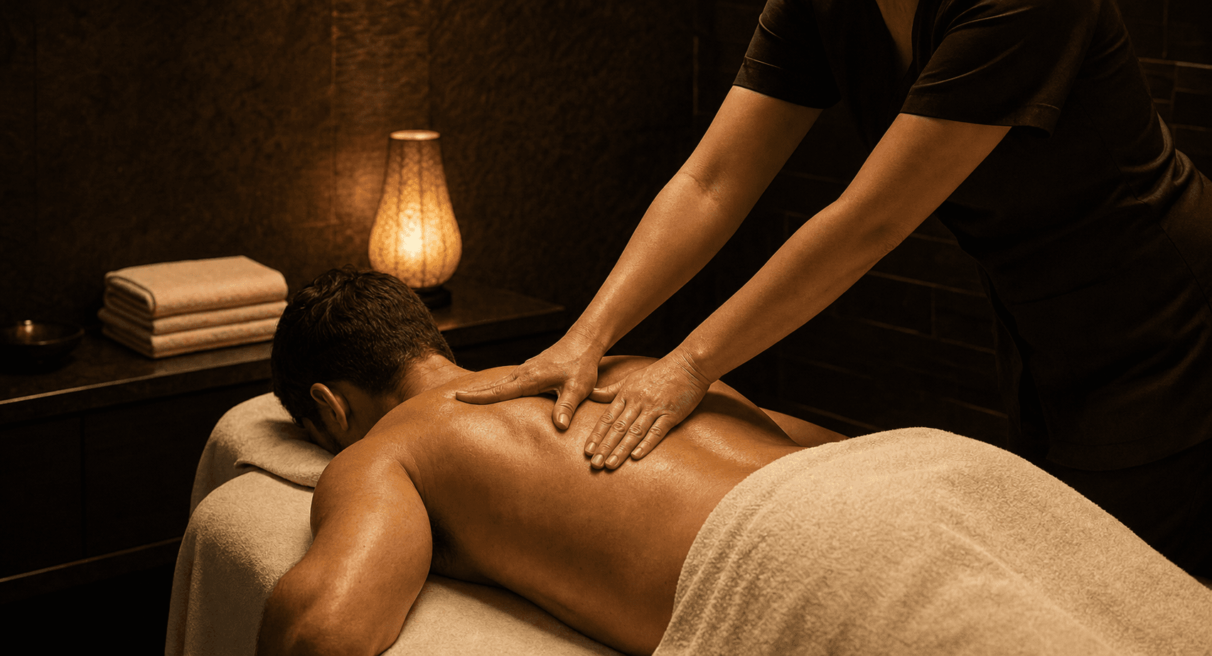 Male guest receiving a professional deep-tissue back massage from a female therapist