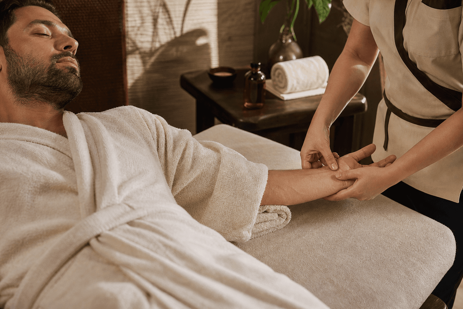 Male guest receiving a professional hand and forearm massage