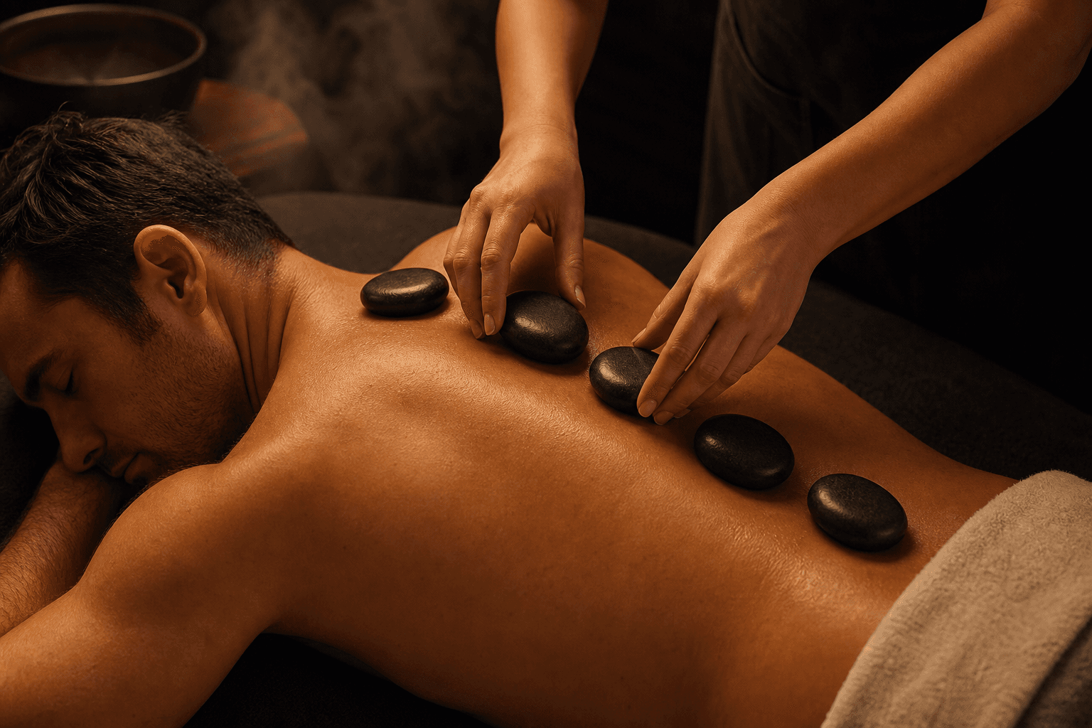 Female therapist placing warm basalt stones on a male guest's back