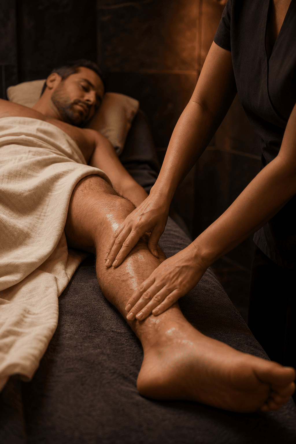 Female therapist massaging the lower leg of a resting male guest