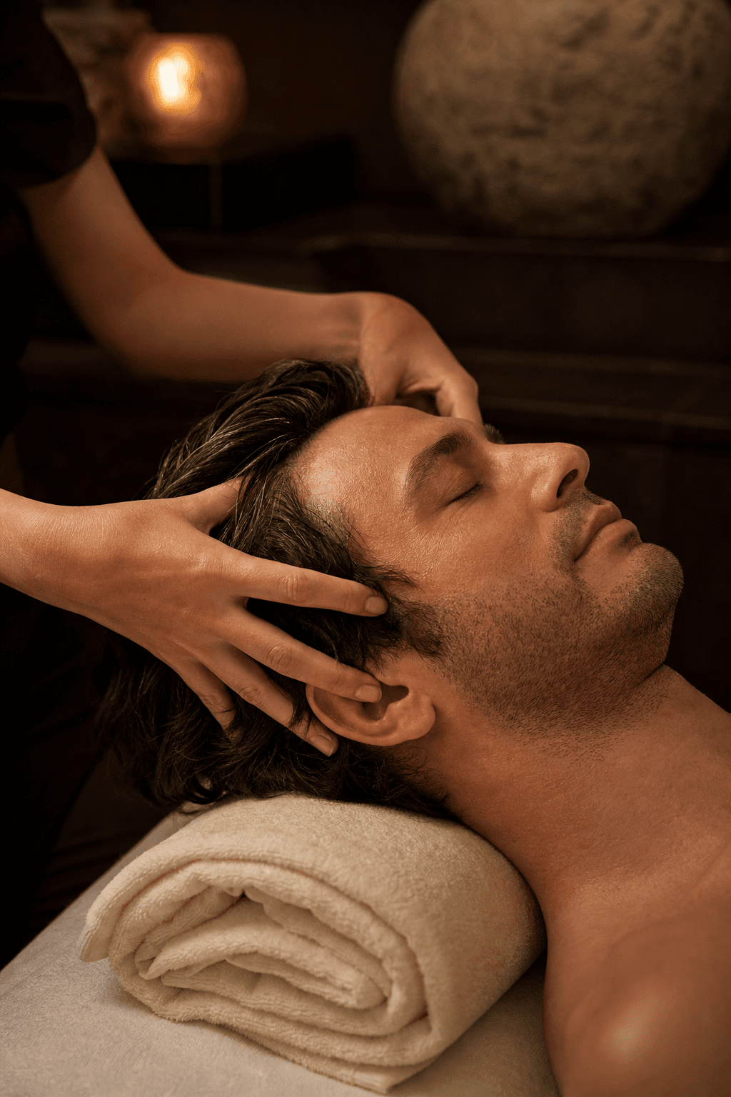 Female therapist performing a calming scalp massage for a male guest