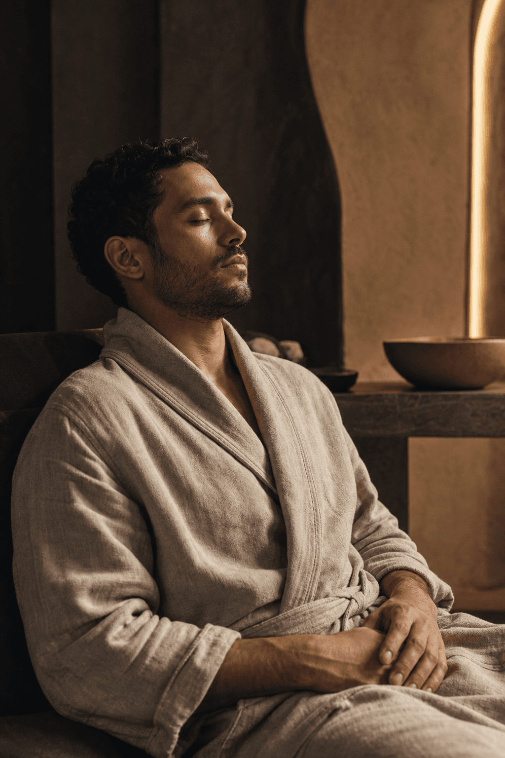 Male guest resting peacefully in a linen robe after treatment
