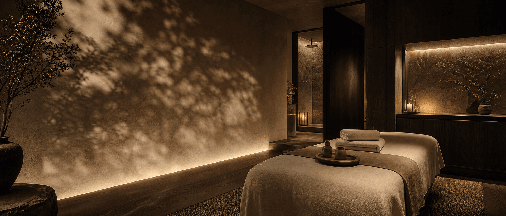 Quiet Sky Spa treatment room with a prepared massage bed
