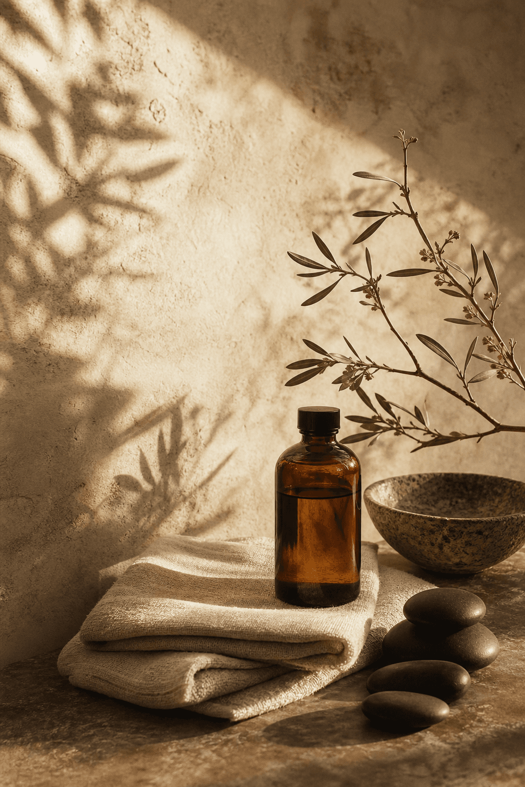 Massage oil, folded linen, stone bowl and botanical branch in warm light